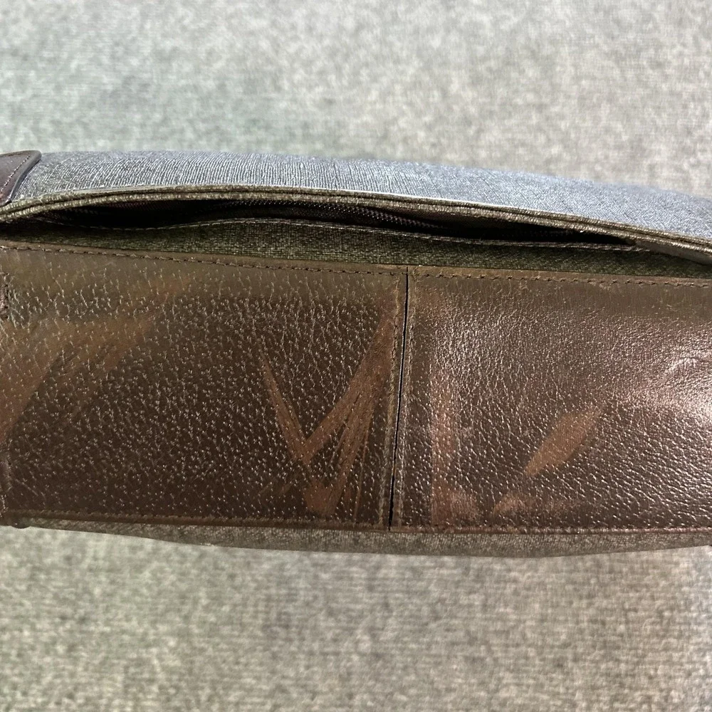 TUMI Gray Brown Leather Trim Laptop Briefcase Messenger Business Travel Bag